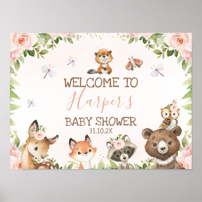 Rosa Blommigt Woodland Animals Baby Shower Välkomm Poster (Framsidan)