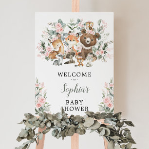 Rosa Blommigt Woodland Animals Baby Shower Välkomm Poster