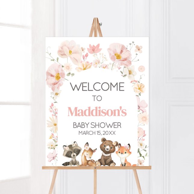 Rosa Blommigt Woodland Animals Baby Shower Välkomm Poster (Pink Flower Woodland Animals Baby Shower Welcome Sign)