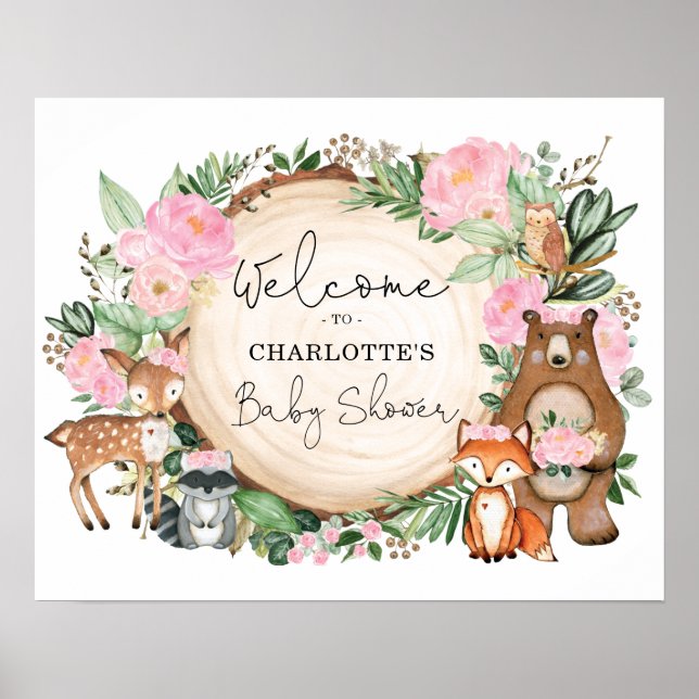 Rosa Blommigt Woodland Animals Baby Shower Välkomm Poster (Framsidan)