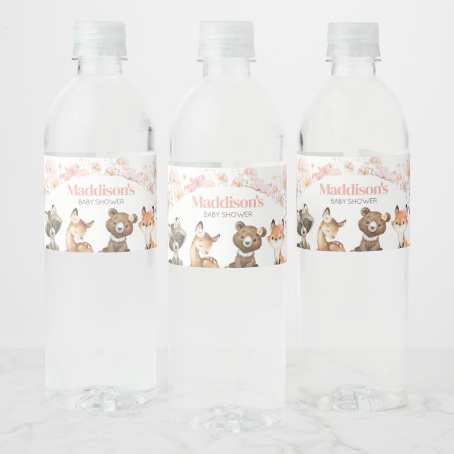 Rosa Blommigt Woodland Animals Baby Shower Vattenflaskor Etikett (Flaskor)