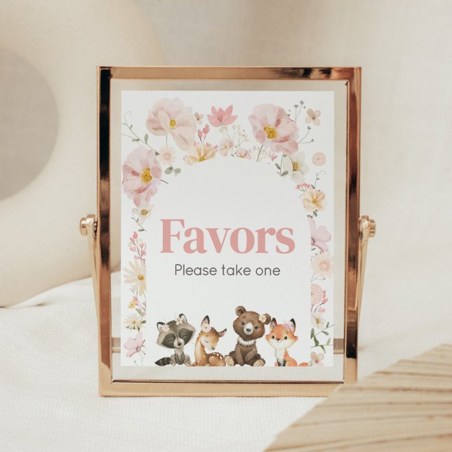 Rosa Blommigt Woodland Animals Babyskor Favoriter Poster (Pink Flower Woodland Animals Baby Shower Favors Sign)
