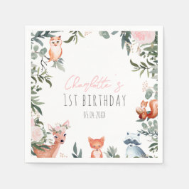 Rosa Blommigt Woodland Animals Birthday Napkins Pappersservett