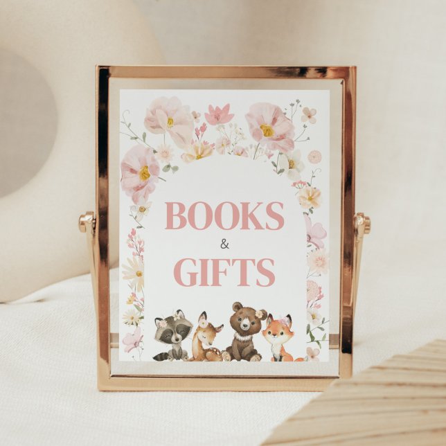 Rosa Blommigt Woodland Animals Bokar and Gifts Poster (Pink Flower Woodland Animals Baby Shower Books and Gifts Sign)