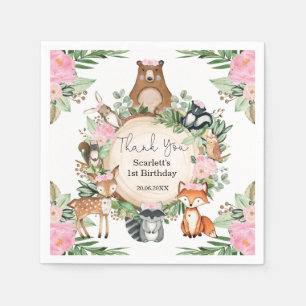 Rosa Blommigt Woodland Animals Flicka Birthday Pappersservett