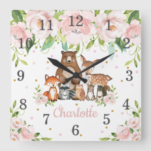 Rosa Blommigt Woodland Animals Girl Nursery Fyrkantig Klocka