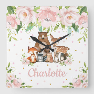 Rosa Blommigt Woodland Animals Girl Nursery Fyrkantig Klocka