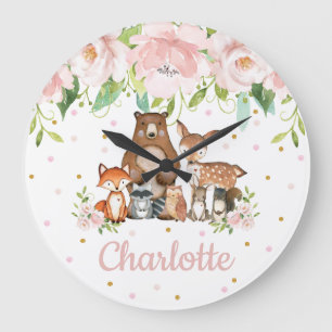 Rosa Blommigt Woodland Animals Girl Nursery Stor Klocka