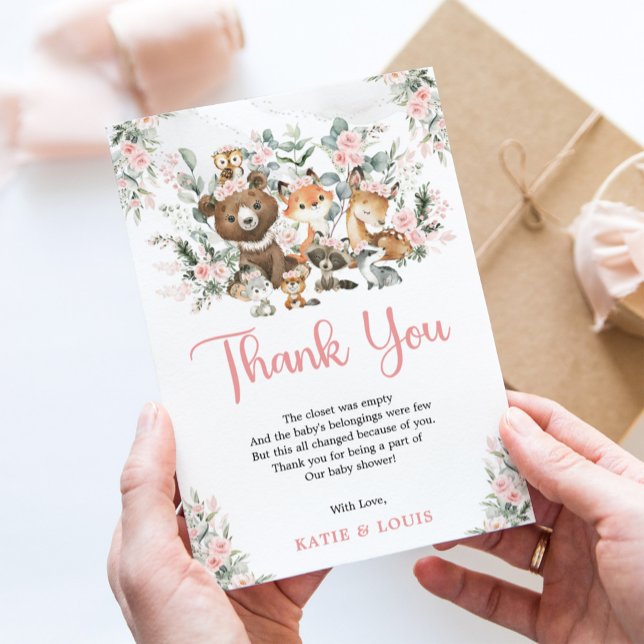 Rosa Blommigt Woodland Animals Greenery Baby Showe Tack Kort (Skapare uppladdad)
