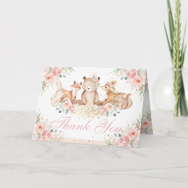  Rosa Blommigt Woodland Animals i vikt Tält Tack Kort (Framsida)