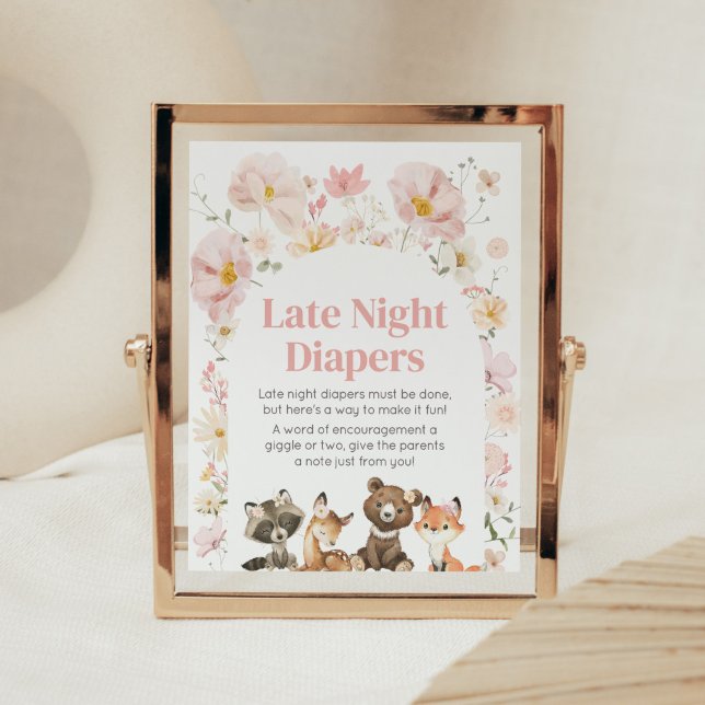 Rosa Blommigt Woodland Animals Late Nattblöjor Poster (Pink Flower Woodland Animals Baby Shower Late Night Diapers Sign)