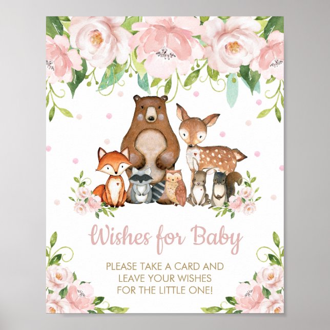 Rosa Blommigt Woodland Animals Önskemål for Baby S Poster (Framsidan)