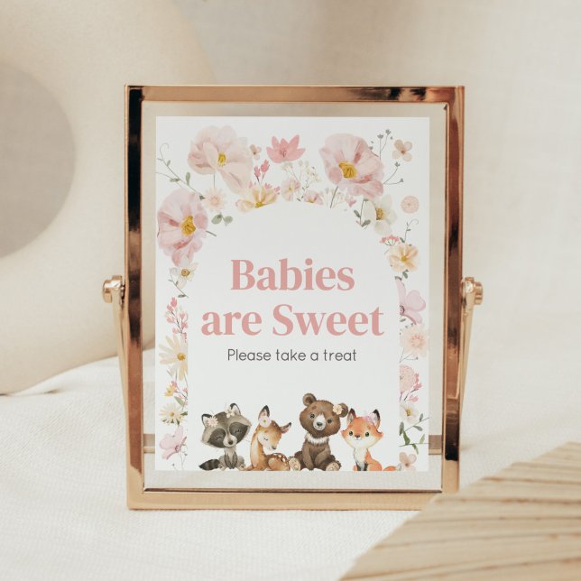 Rosa Blommigt Woodland Animals Spädbarn är Sweet Poster (Pink Flower Woodland Animals Baby Shower Babies are Sweet Sign)