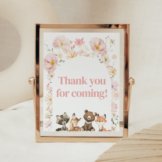 Rosa Blommigt Woodland Animals Tack för att du kom Poster (Pink Flower Woodland Animals Baby Shower Thank you for Coming Sign)