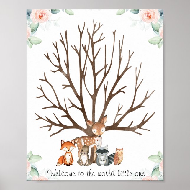 Rosa Blommigt Woodland Fingerprint Guestbook Poste Poster (Framsidan)