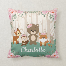 Rosa Blommigt Woodland Forest Animals Nursery Kudde
