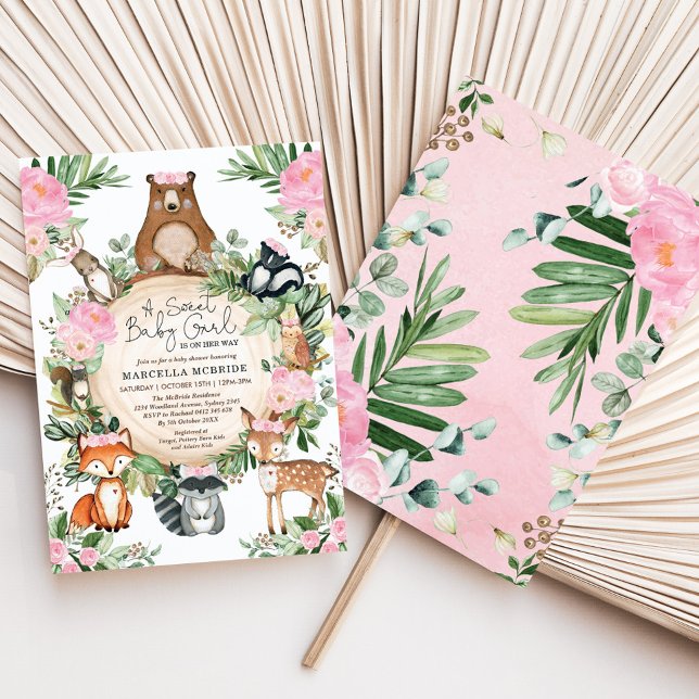  Rosa Blommigt Woodland Forest Girl Baby Shower Inbjudningar (Skapare uppladdad)