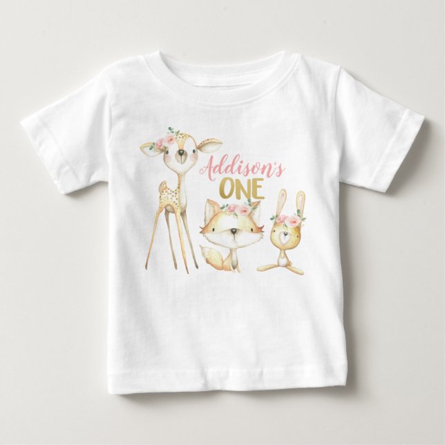 Rosa Blommigt Woodland Första födelsedagen T-Shirt (Framsida)