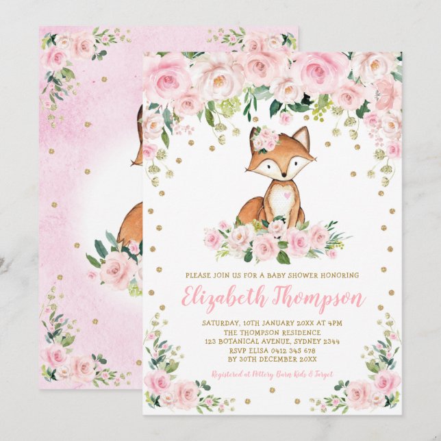 Rosa  Blommigt Woodland Fox Flicka Shower Inbjudningar (Fram/baksida)