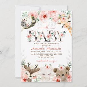 Rosa Blommigt Woodland Girl Baby Shower Inbjudningar