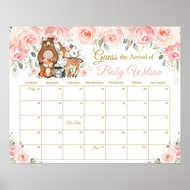 Rosa Blommigt Woodland Gissa Baby Arrival Game Poster (Framsidan)