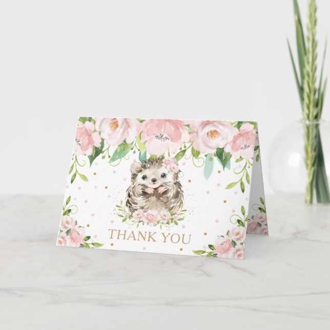  Rosa Blommigt Woodland Hedgehog Baby Shower Tack Kort (Framsida)
