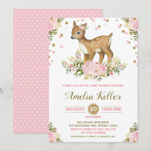Rosa Blommigt Woodland Hjort Baby Shower-inbjudan Inbjudningar