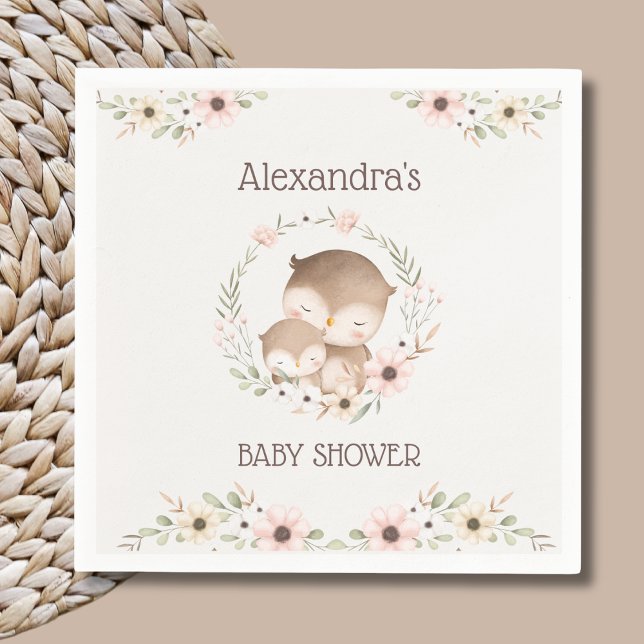  Rosa Blommigt Woodland Uggla Baby Shower Pappersservett (Skapare uppladdad)