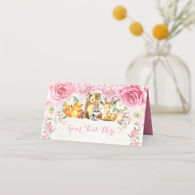 Rosa Blommigt Woodland Watercolor Forest Animals Placeringskort (Framsida)