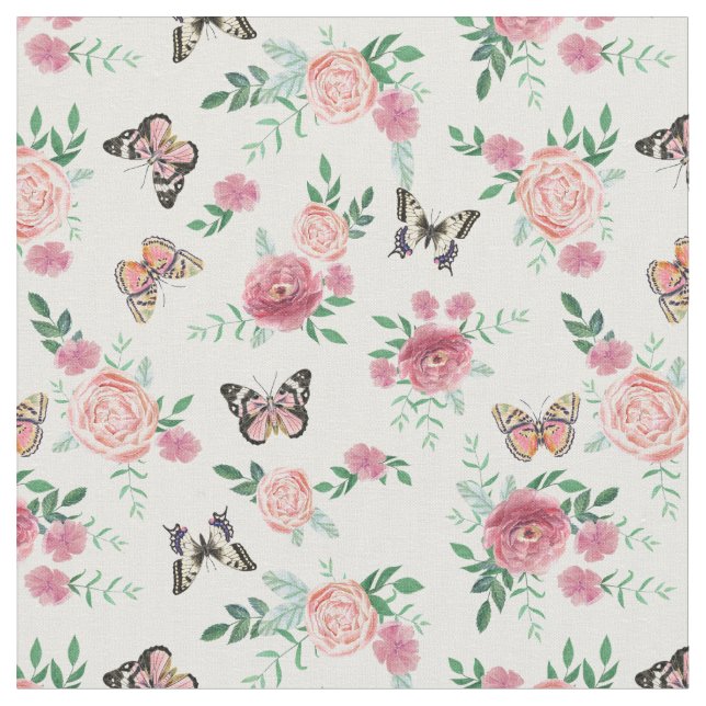 Rosa Blommigtar och butterflies Fabric Tyg (Närbild)