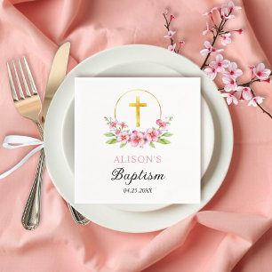 Rosa blommigtar och guld kor-blommigt-baptism pappersservett