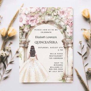 Rosa blommigtar, vit klänning Quinceanera Inbjudningar