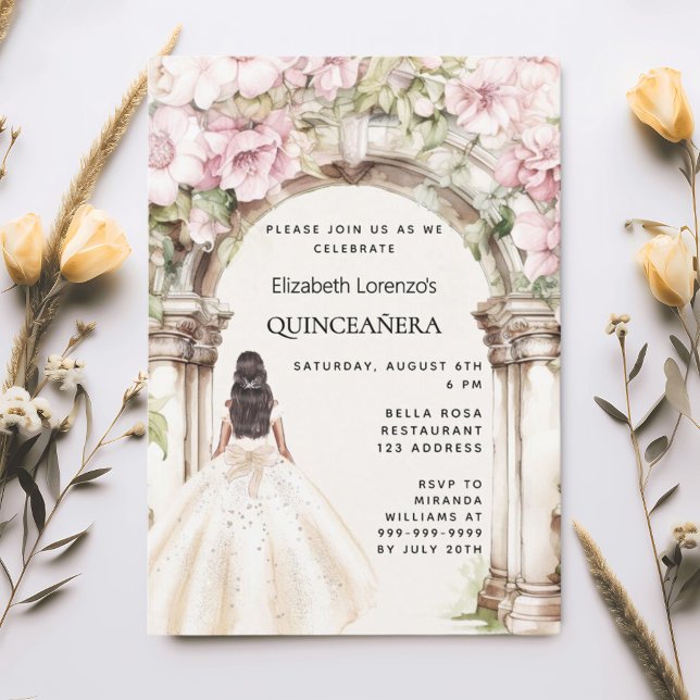 Rosa blommigtar, vit klänning Quinceanera Inbjudningar (Skapare uppladdad)