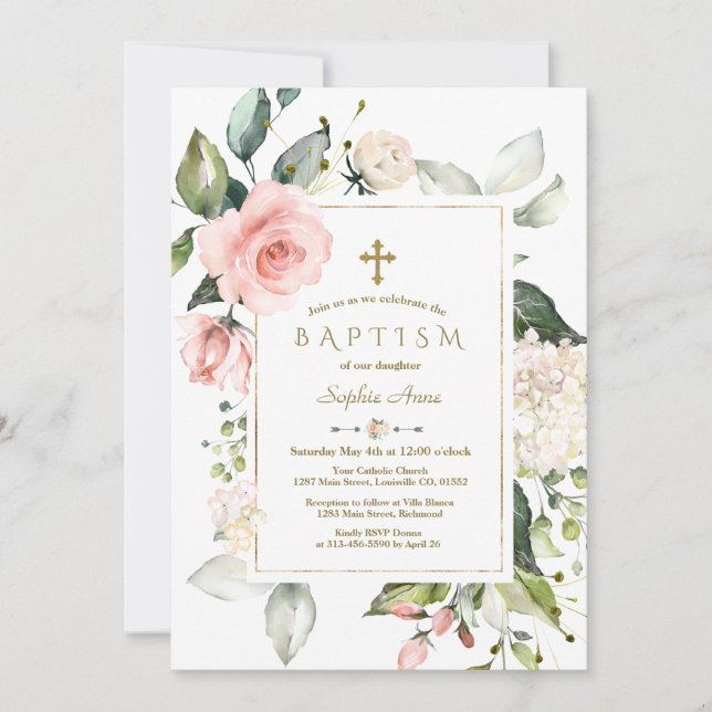 Rosa  Blommigten Cream  Ram Guld-baptism Inbjudningar (Framsida)