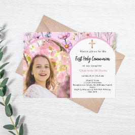 Rosa blommigts fotoarch Girl First Heliga Communio Inbjudningar