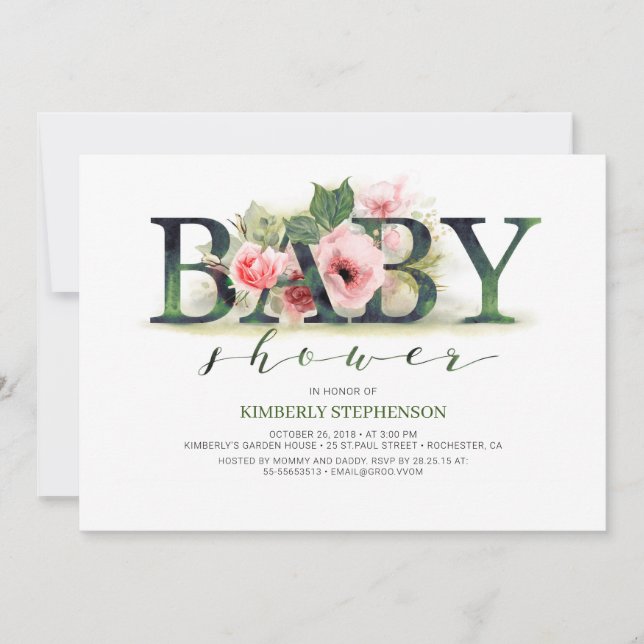  Rosa Blommigts Typografi Babykläder Inbjudningar (Framsida)