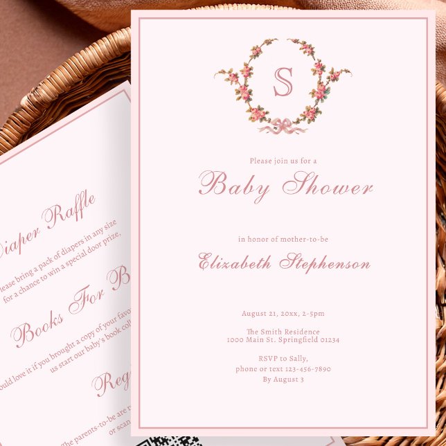 Rosa blommonogram dubbelsidig baby shower inbjudningar (Skapare uppladdad)