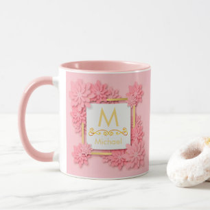 Rosa blommonogram I Anpassad guldinitial & namn Mugg