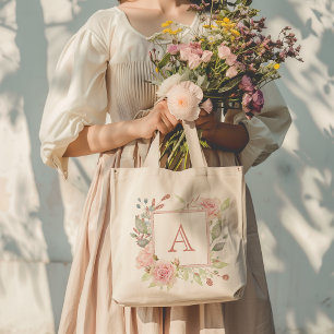 Rosa blommonogram tygkasse