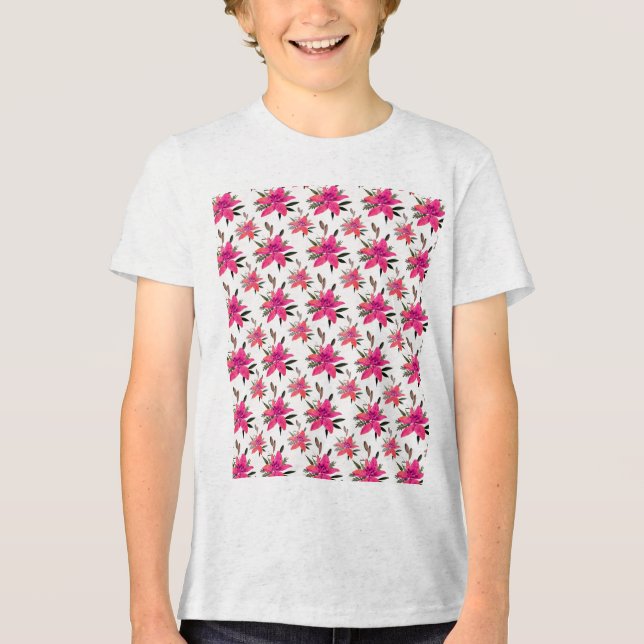 Rosa Blommönster Design-29500 Plus Storlek T-Shirt (Framsida)