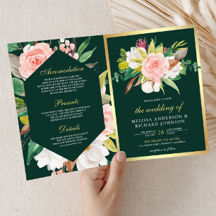 Rosa blommönster Guld Smaragd QR-kod Bröllop Inbjudan