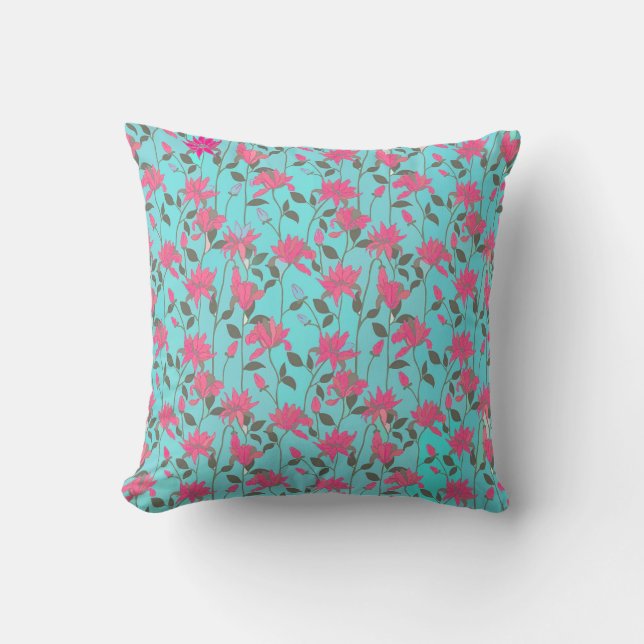 Rosa Blommönster i Teal Dekorativ kudde (Framsida)