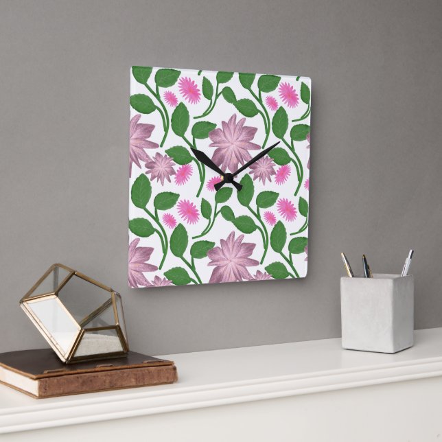 Rosa blommönster med gröna blad fyrkantig klocka (Kontor)
