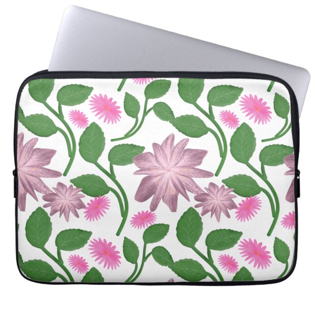 Rosa blommönster med gröna blad laptop fodral (Framsidan)