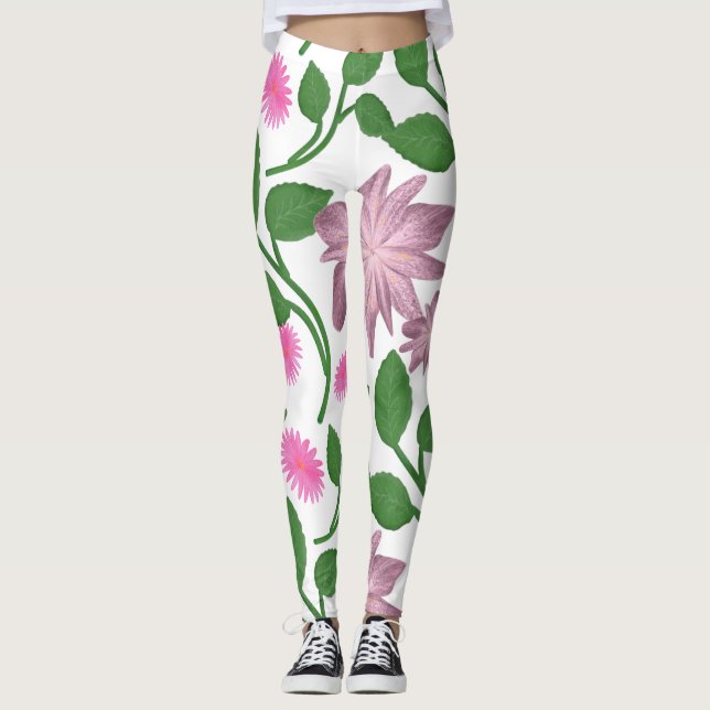 Rosa blommönster med gröna blad leggings (Framsida)