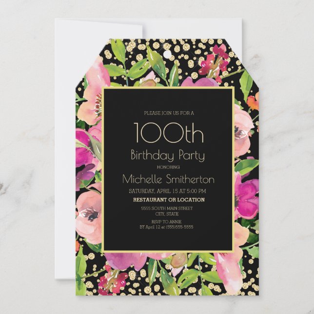 Rosa blommönster med svart och guldglitter 100-års kort (Framsida)