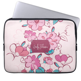 Rosa blommönster namn etikett design anpassat namn laptop fodral