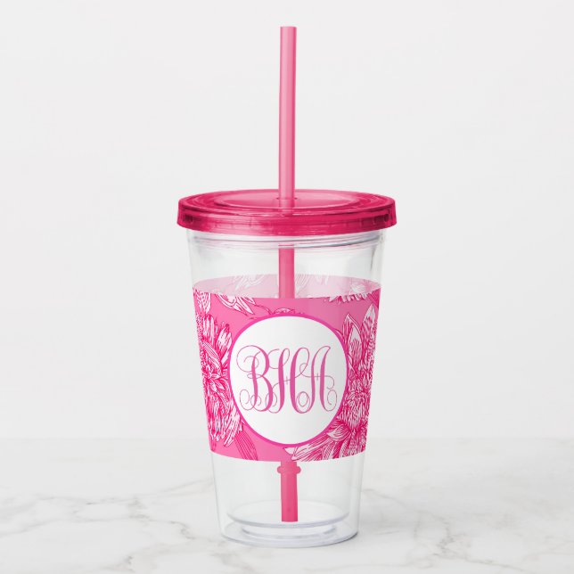 Rosa blommönster och monogram take away mugg (Framsida)