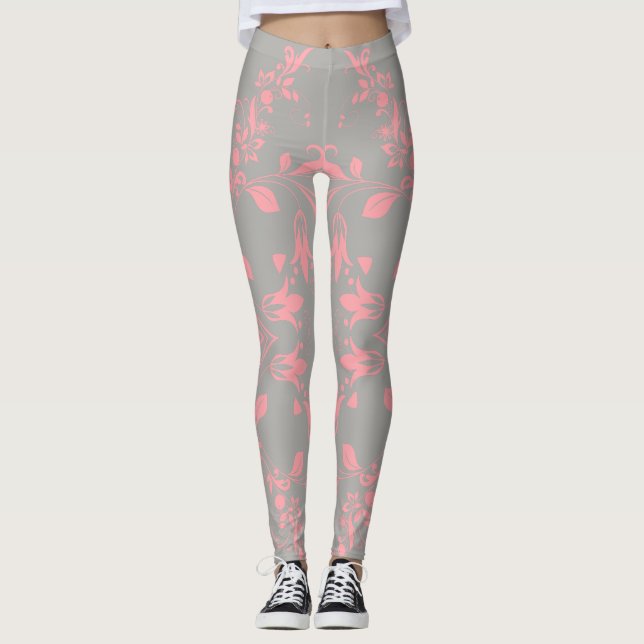 Rosa Blommönster om Grått Kvinnor i arbetslivet Leggings (Framsida)