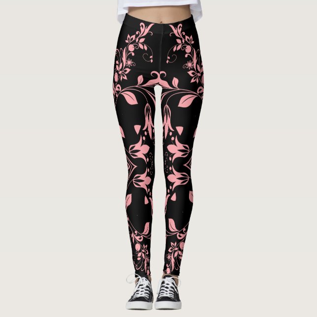 Rosa Blommönster om svart kvinnoworkout Leggings (Framsida)